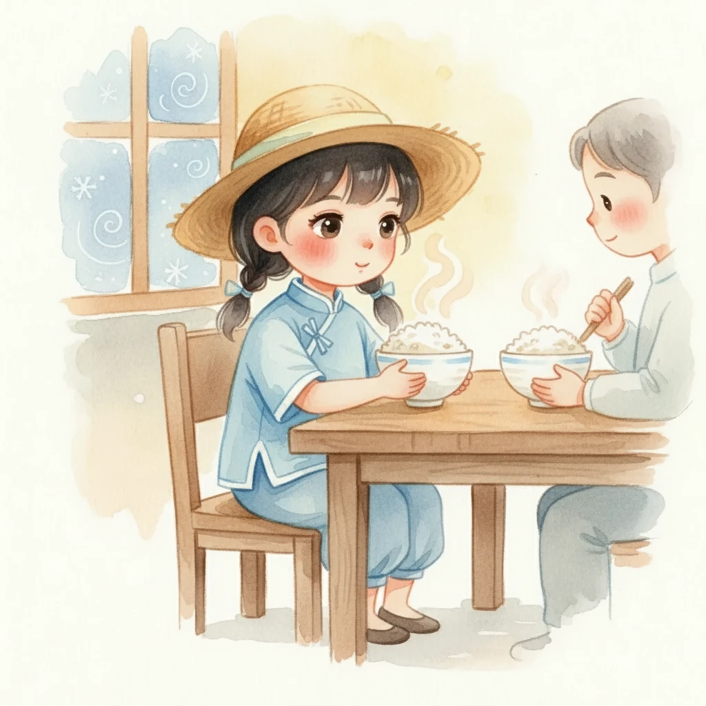 冬天,小雨和家人一起吃着香喷喷的米饭。她想起了农民伯伯,想起了田里的稻穗,更加珍惜碗里的每一粒米。小雨在心里默默地说,我要好好吃饭,不浪费粮食,感恩农民伯伯。