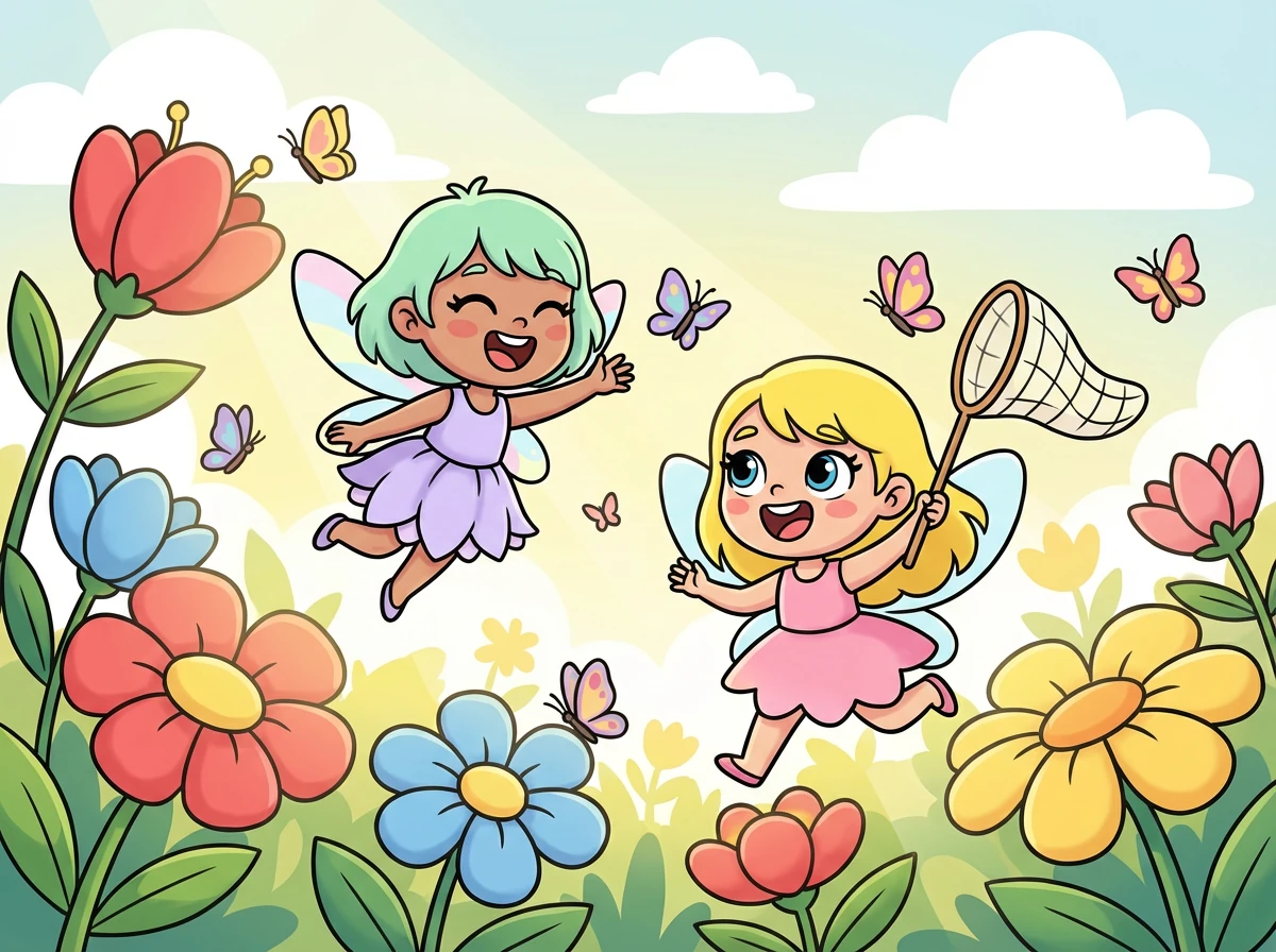 Mya and Hana are playing in their sunny garden, chasing butterflies among the colorful flowers.