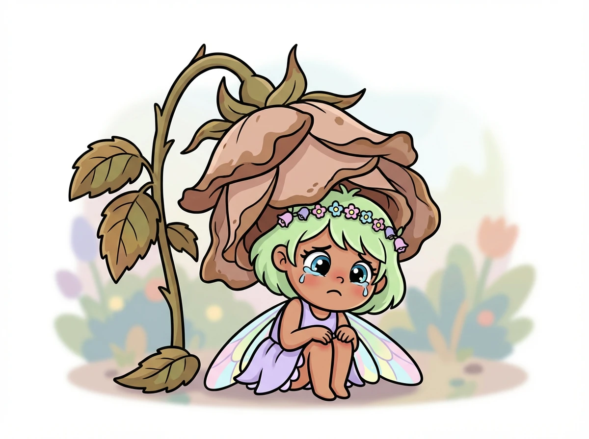 Suddenly, they spot a tiny, sparkling fairy hiding beneath a wilting rose. It's Lilly, and she looks very sad.