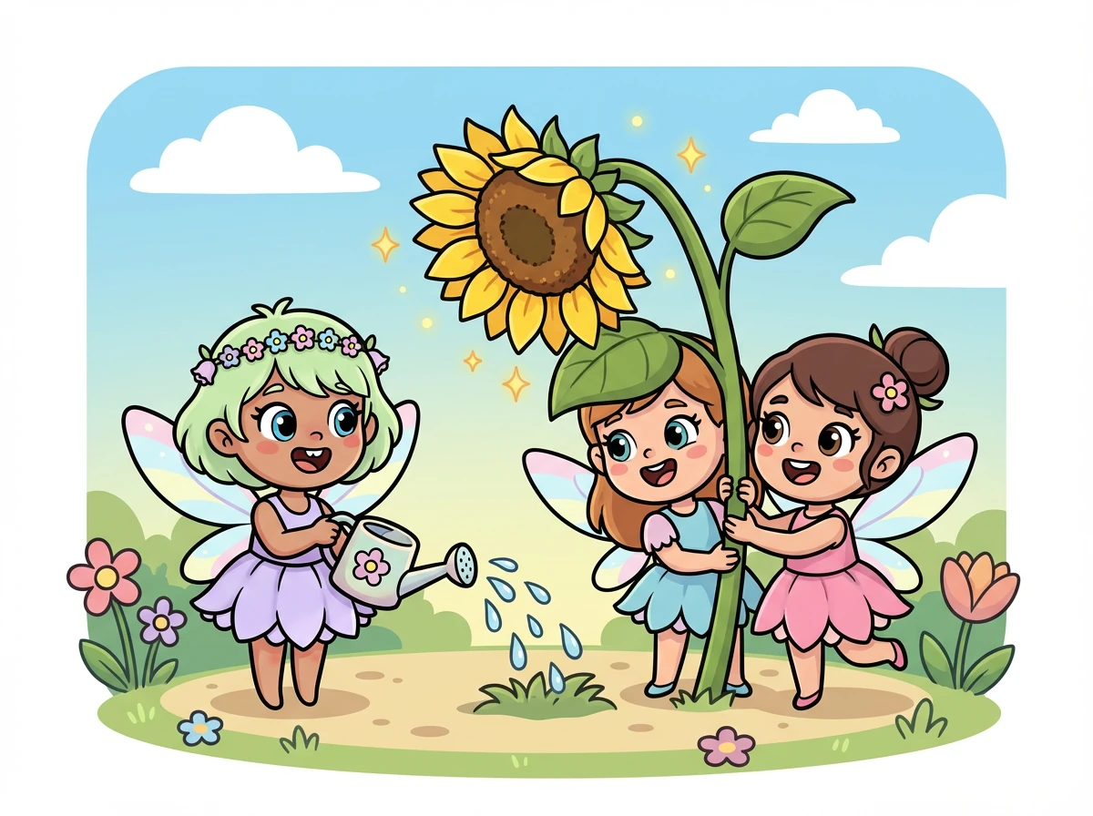 Mya and Hana decide to help Lilly! First, they gently water a thirsty sunflower, bringing it back to life.