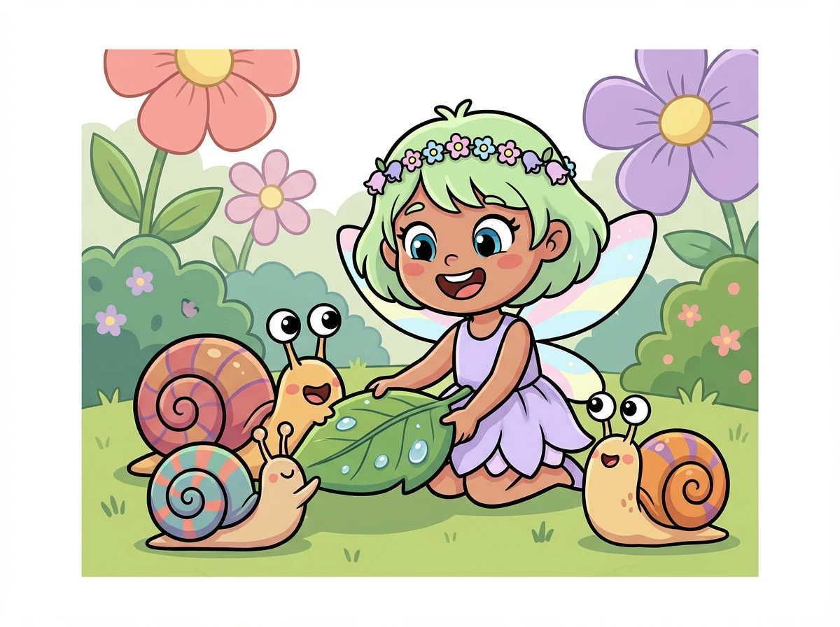 Next, they find a group of snails arguing over a juicy leaf. The sisters share the leaf, making everyone happy.