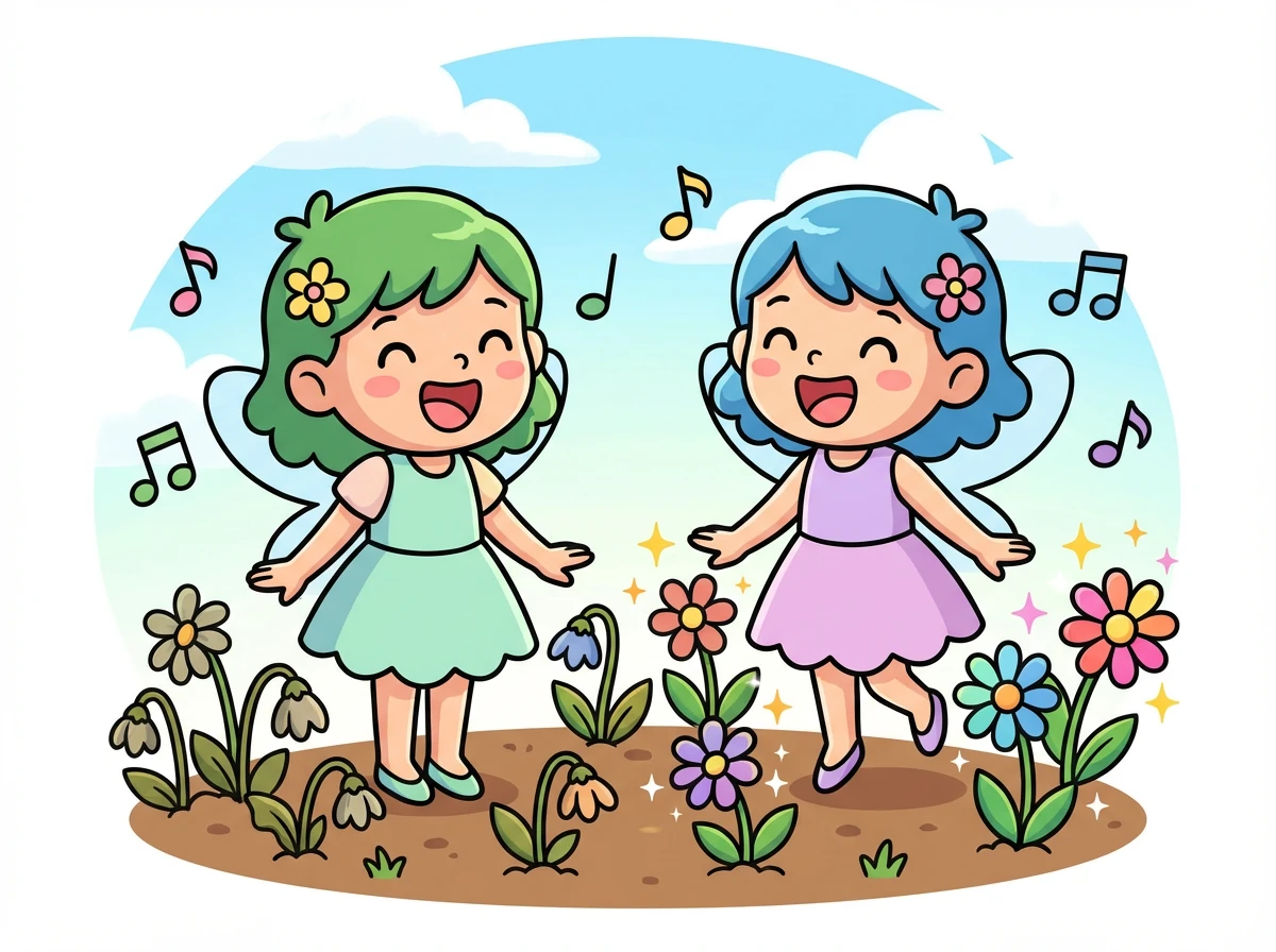 They then notice the flowers are looking dull. Mya and Hana sing a cheerful song, and the flowers begin to bloom brighter.