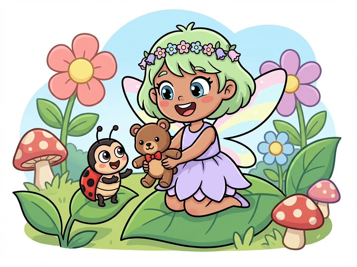 Hana shares her favorite teddy bear with a lonely ladybug, who instantly perks up with a smile.