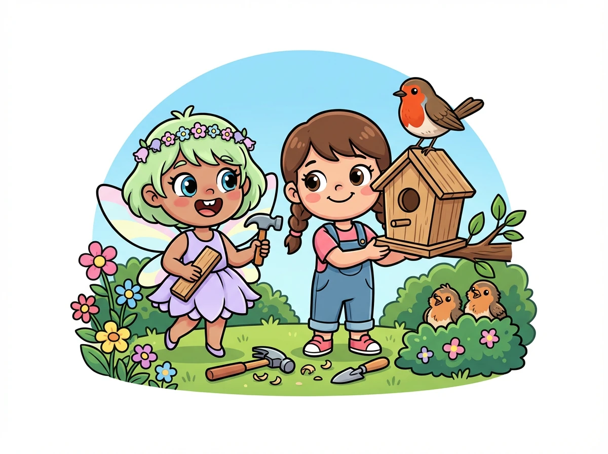 Mya and Hana work together to build a small birdhouse, providing a safe home for a family of robins.