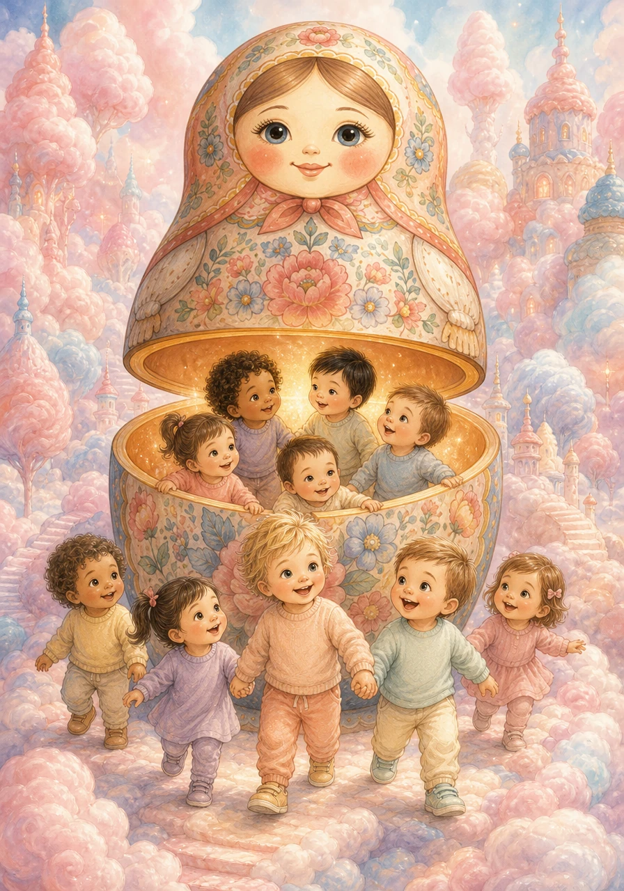 A Matrioska abre-se completamente e convida os nove bebés a entrar num mundo mágico feito de nuvens de algodão-doce e tons pastéis. De mãos dadas e com sorrisos curiosos, as crianças dão os primeiros passos dentro deste reino encantado, prontas para começar a grande busca pelo Coração da Amizade.