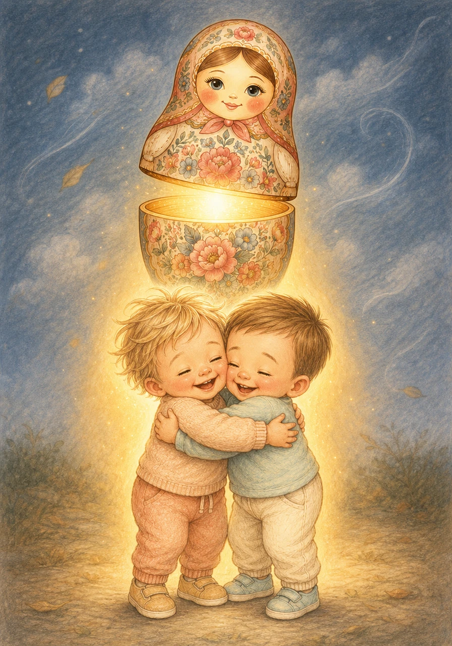 O vento começa a soprar um pouco mais fresco e os bebés aconchegam-se uns aos outros num abraço coletivo muito quentinho. A Matrioska mágica flutua suavemente acima deles, espalhando uma luz dourada e reconfortante que afasta todo o frio e enche os corações de pura ternura.