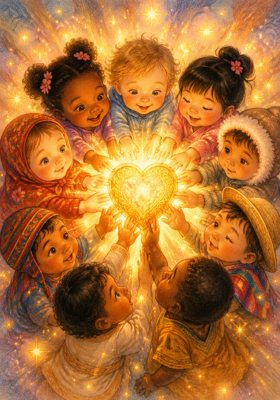 Com muito cuidado, todos os nove bebés esticam as mãozinhas juntos para alcançar o maravilhoso Coração da Amizade. No momento em que lhe tocam, uma onda de luz calorosa e estrelas cintilantes espalha-se por todo o cenário, celebrando a união e o amor puro do grupo.
