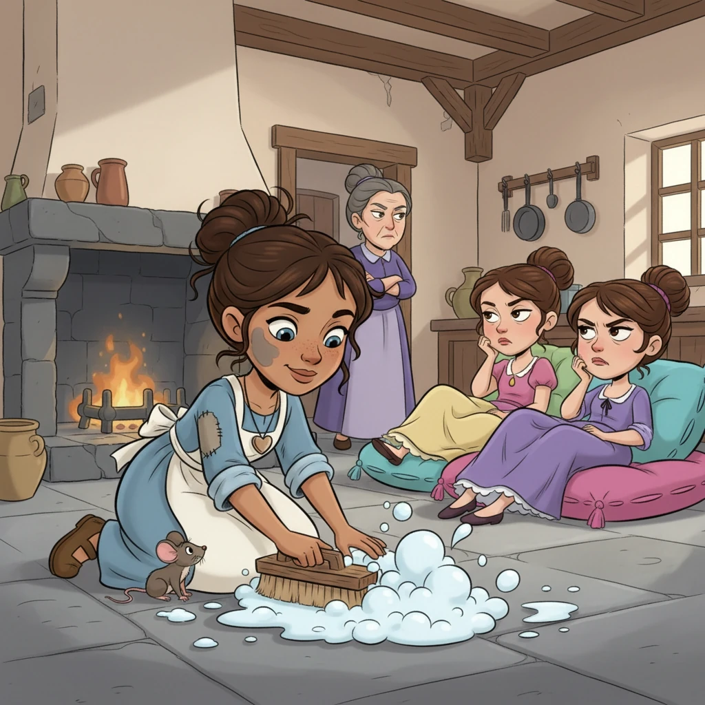 Ella, with smudges of ash on her cheek, scrubbed the kitchen floor while her two grumpy stepsisters lounged on plush cushions. Her stepmother watched with a stern face, ensuring every chore was done perfectly. Despite her hard work, Ella always had a kind smile for the little mice that scurried by.