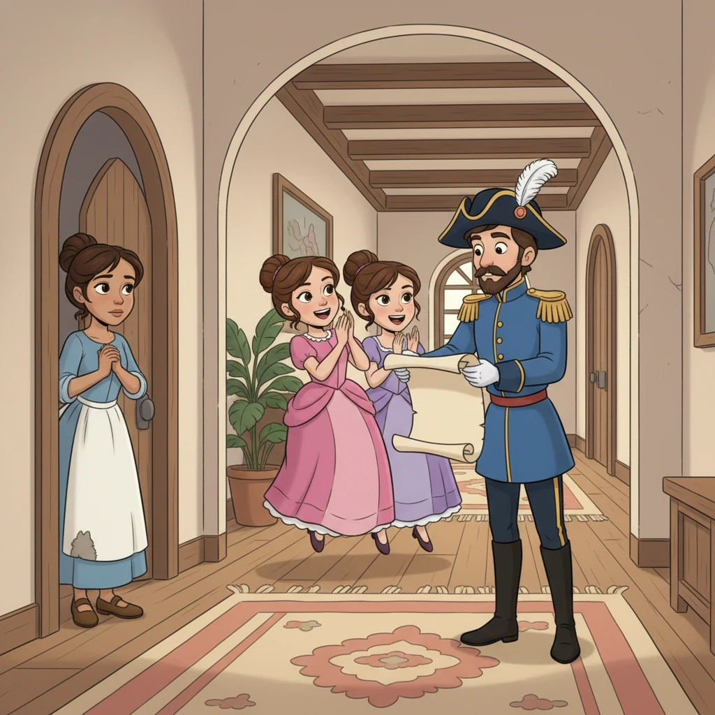 A grand royal messenger arrived, unfurling a scroll with a flourish: an invitation to the Prince's magnificent ball! The stepsisters shrieked with delight, dreaming of gowns and jewels, while Ella watched from the doorway, her heart aching with a secret wish to attend.