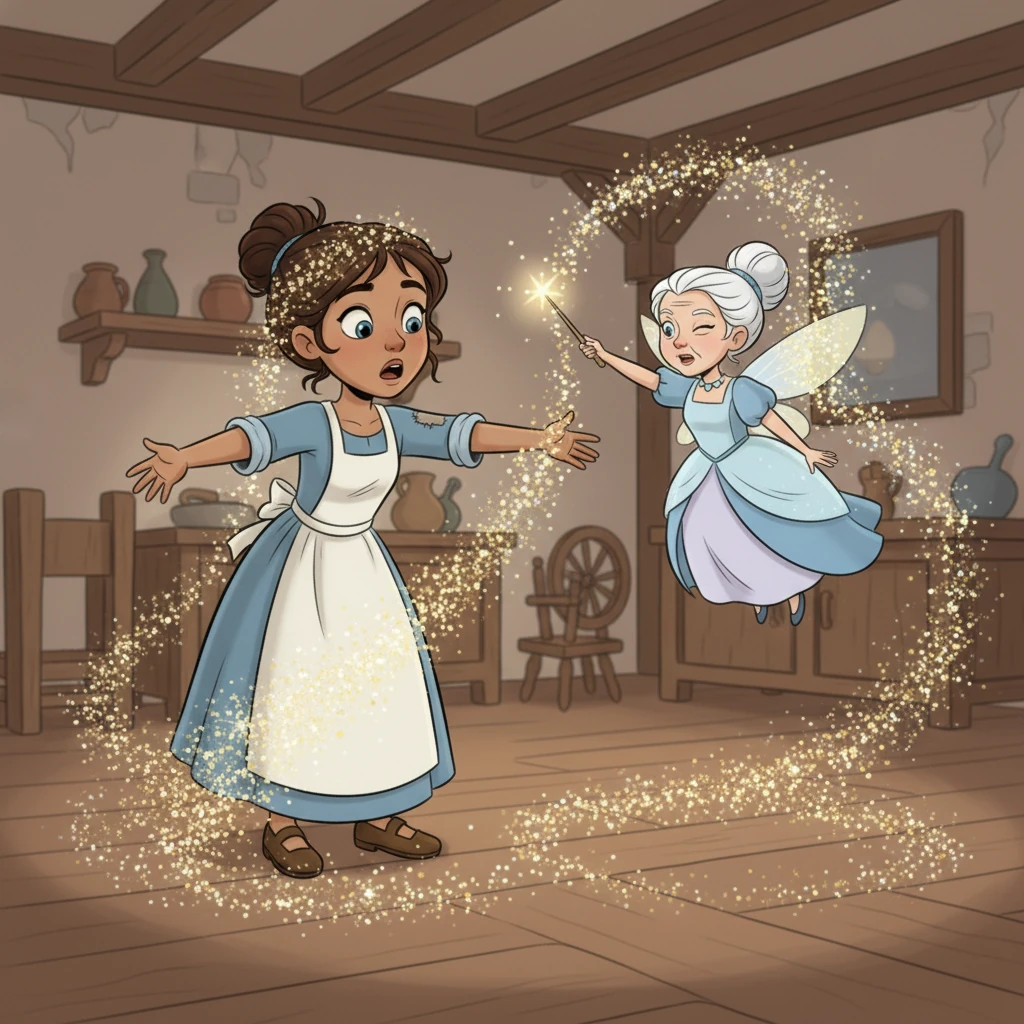 Suddenly, a shower of sparkling dust filled the room, and a twinkling fairy godmother appeared, winking kindly. With a gentle wave of her wand, she promised Ella that she, too, would go to the ball.