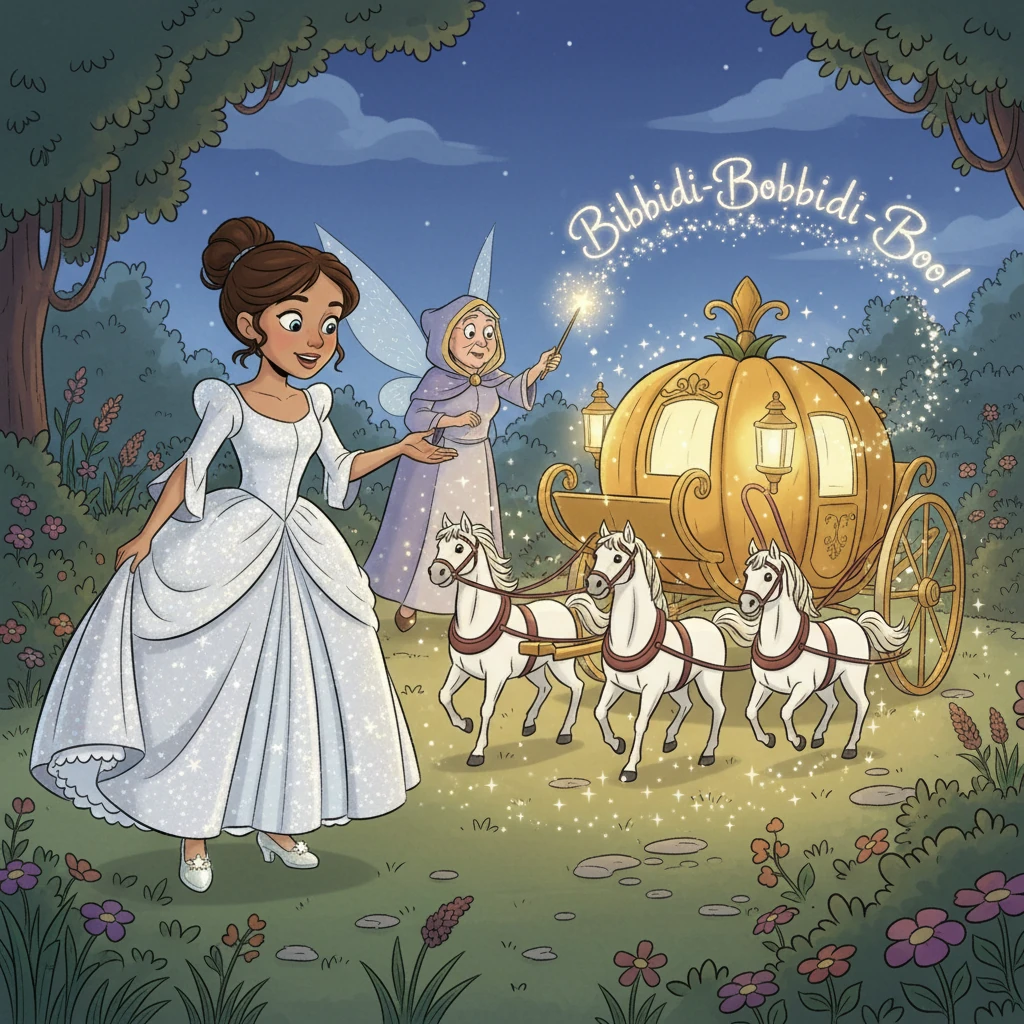 With a magical 'Bibbidi-Bobbidi-Boo!', a humble pumpkin transformed into a splendid golden carriage, and tiny mice became majestic white horses. Ella's ragged clothes shimmered into a breathtaking ball gown, complete with delicate glass slippers.