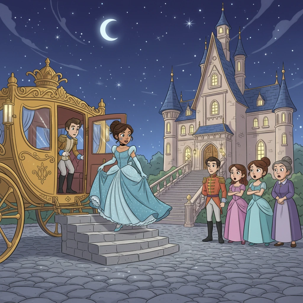 Ella arrived at the palace, stepping out of her carriage like a dream. All eyes turned to her, mesmerized by her beauty and grace. Even the Prince, who had looked bored moments before, was instantly captivated.