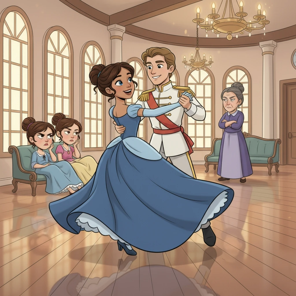 The Prince, enchanted by Ella, danced with her all night long. They laughed and twirled across the ballroom, completely lost in each other's company. Ella felt as if she were floating on a cloud, forgetting all her worries.