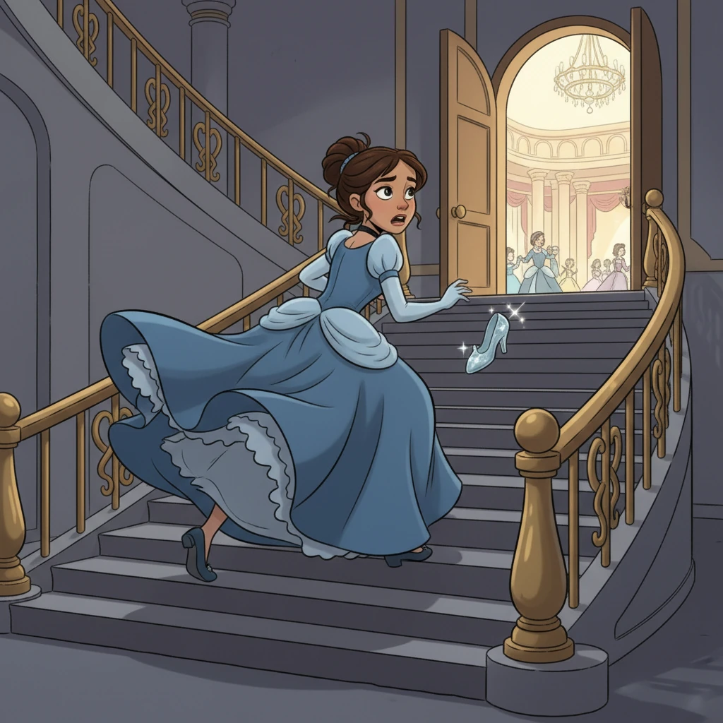 As the clock began to chime midnight, Ella remembered the fairy godmother's warning. She had to flee! She raced down the grand staircase, leaving behind one sparkling glass slipper on a step in her hurry.