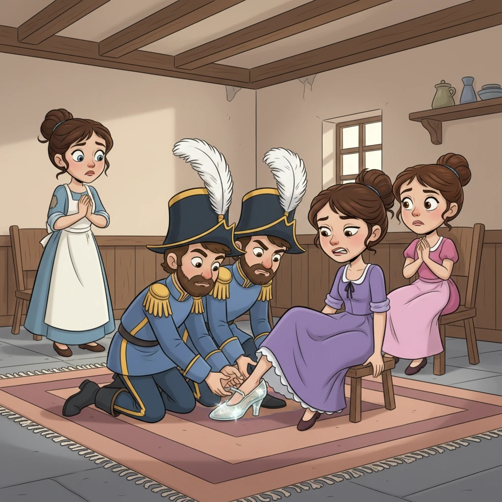 The next morning, the heartbroken Prince declared he would marry the maiden whose foot fit the abandoned glass slipper. His royal guards traveled throughout the kingdom, trying the slipper on every eligible lady.