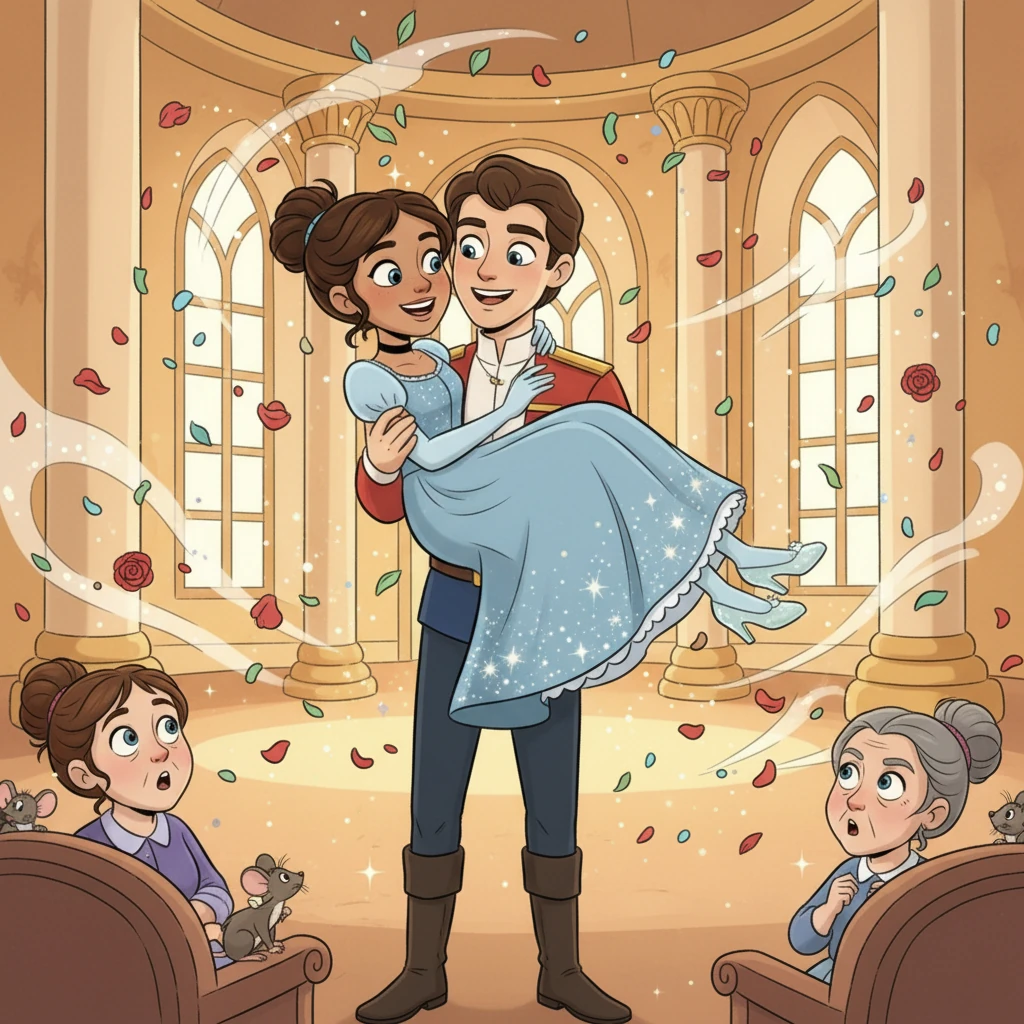 Finally, the guards arrived at Ella's house. To everyone's astonishment, the tiny glass slipper fit Ella's foot perfectly. The Prince, overjoyed, whisked her away, and they were married, living happily ever after in the grand palace.