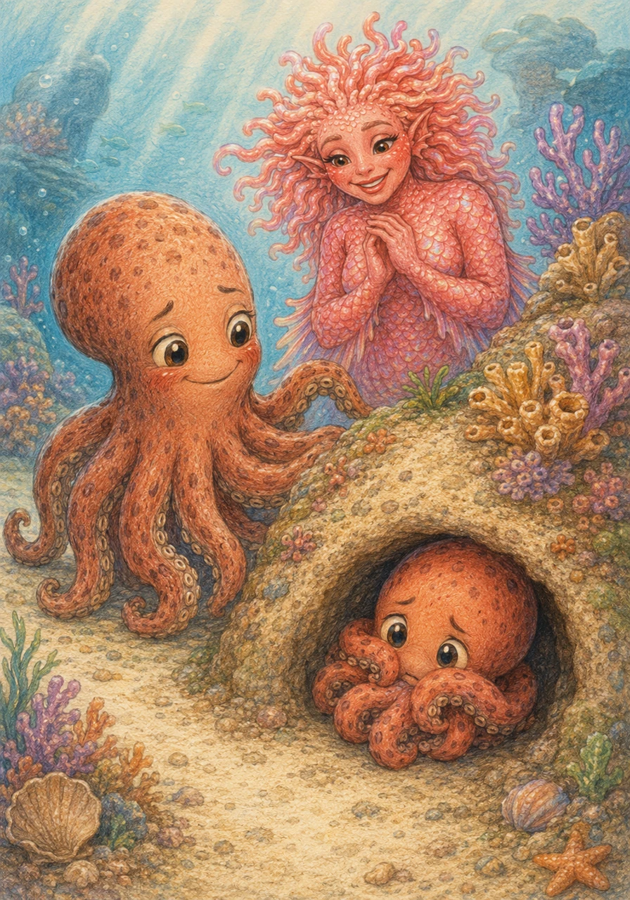 deep in a colorful coral reef, a little octopus named otto was squishing himself into his favorite sandy little cave. today was the very first day of the big coral school, and otto’s tummy felt all wobbly. he had never been before, and he liked his quiet cave much better.