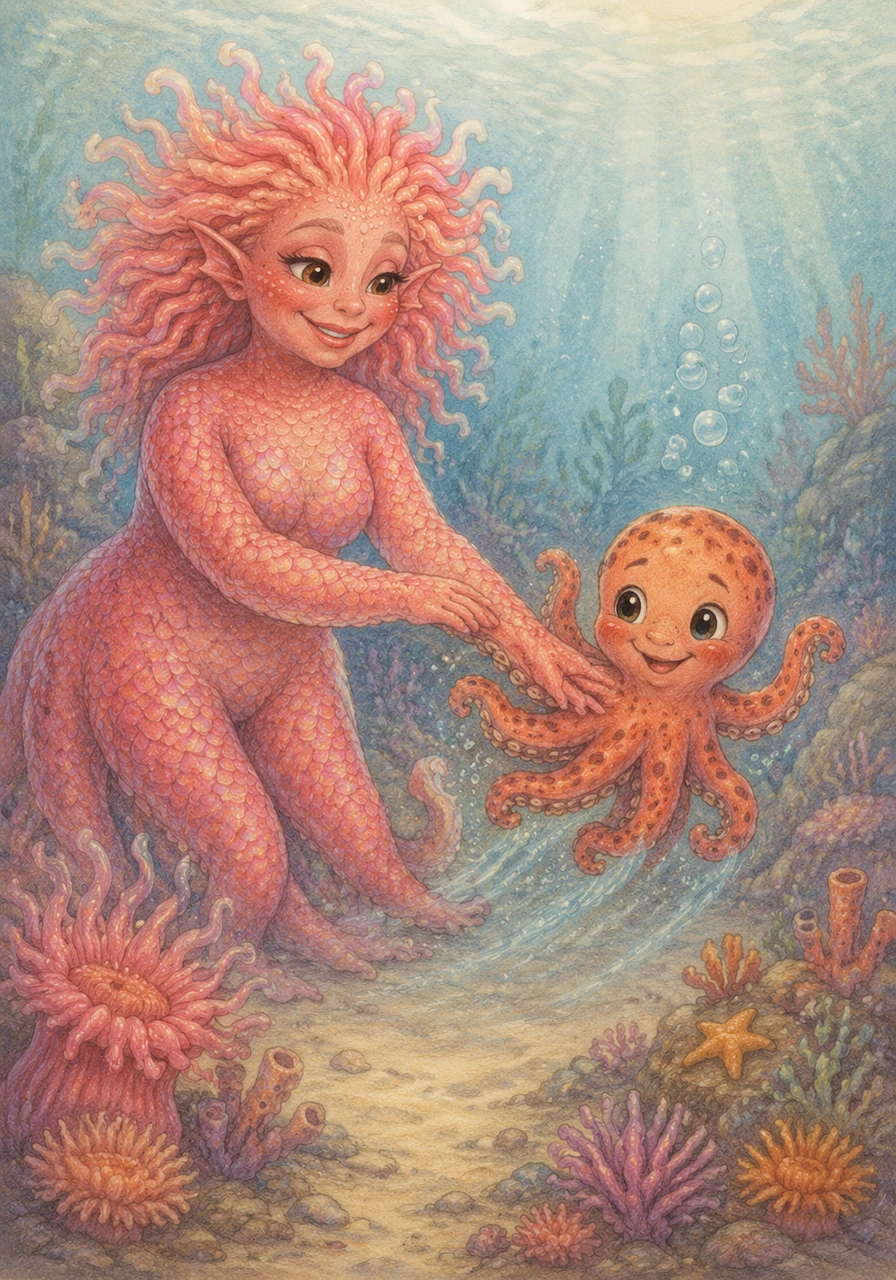 otto’s kind mother gently nudged him with one of her long, spotted arms. ‘it’s time to grow big and strong, little otto,’ she said softly. with eight tiny sighs, otto waved goodbye and wiggled his little legs to swim away.