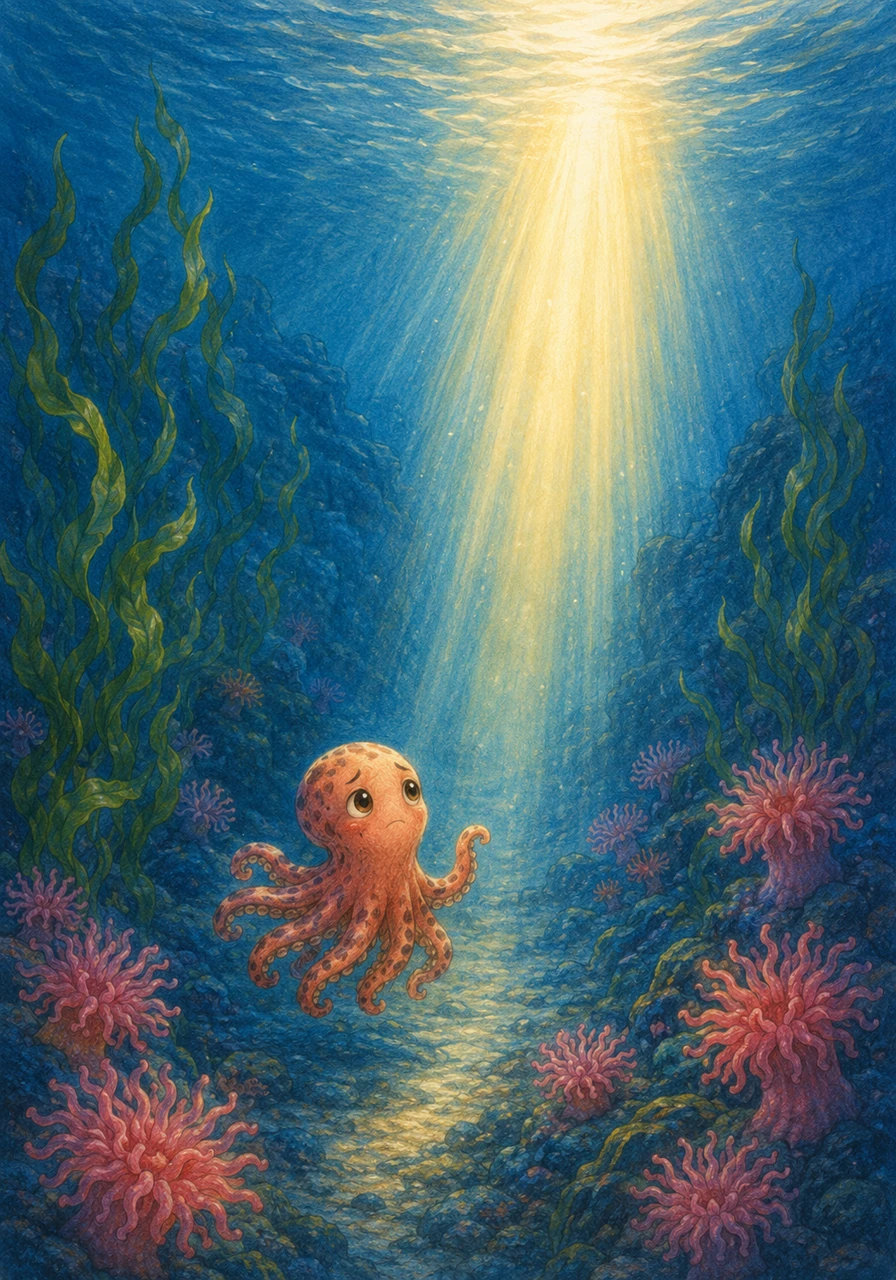 he swam past waving pink anemones and bouncy green kelp, feeling very alone in the wide, blue ocean. but wait! way up above the surface of the water, a bright beam of yellow light flashed warmly, reaching right down to show the way.