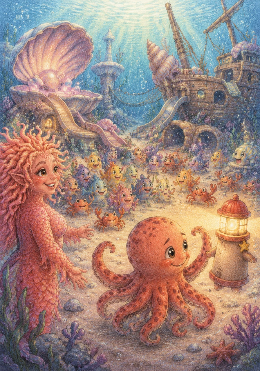 following the guiding light, otto saw a big, beautiful underwater playground made of giant seashells and a sunken ship! outside, many other small fish and crabs were gathering, all chattering excitedly.