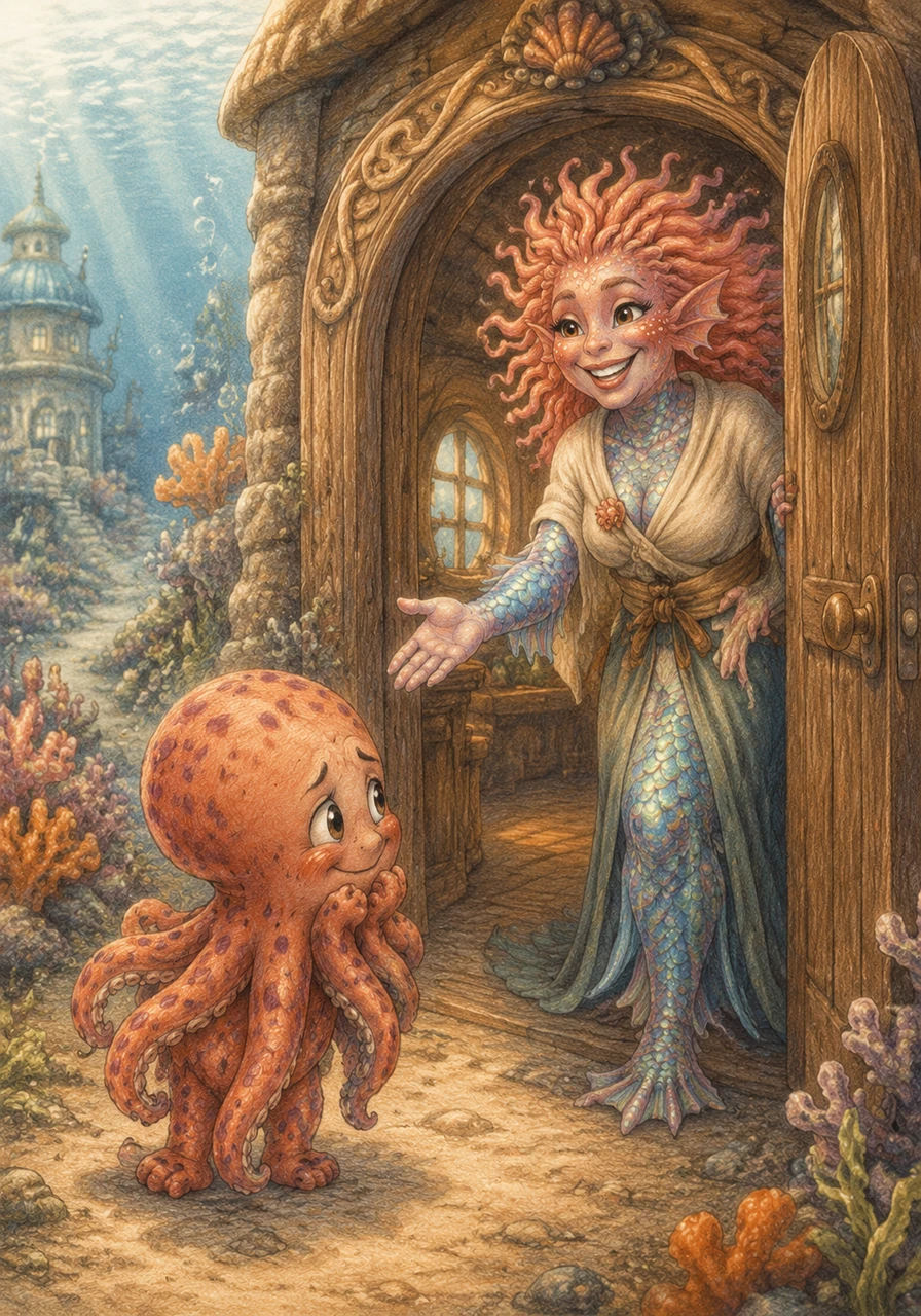 standing near the door was Mrs. Coral, the school teacher, her scales shimmering brightly in the sunlight filtering down. when she saw otto’s shy little face, she smiled the biggest, most welcoming smile otto had ever seen.