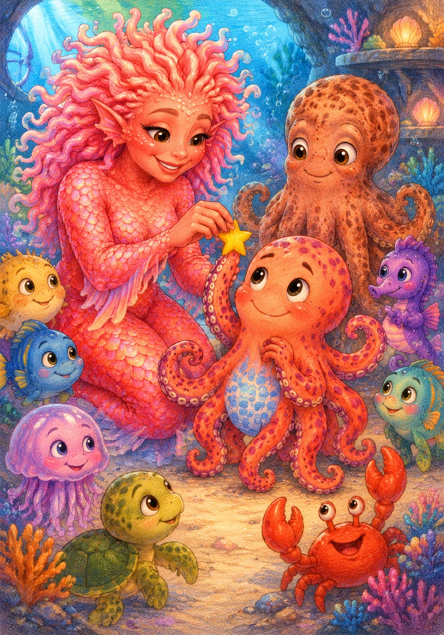 Mrs. Coral gently placed a star-shaped sticker on one of otto’s top tentacles and introduced him to everyone. ‘welcome, otto!’ she cheered, and suddenly, otto’s wobbly tummy felt a little bit better.