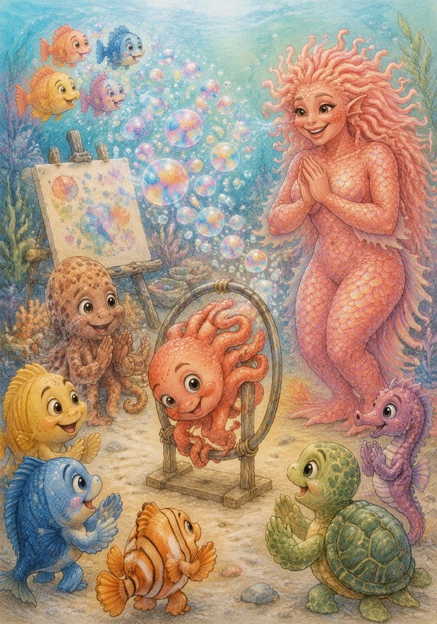 during their very first lesson, otto discovered that he was the only one who could squeeze his whole body through the smallest hoops, making the other children giggle and clap. then, everyone learned that fish can paint with bubbles!