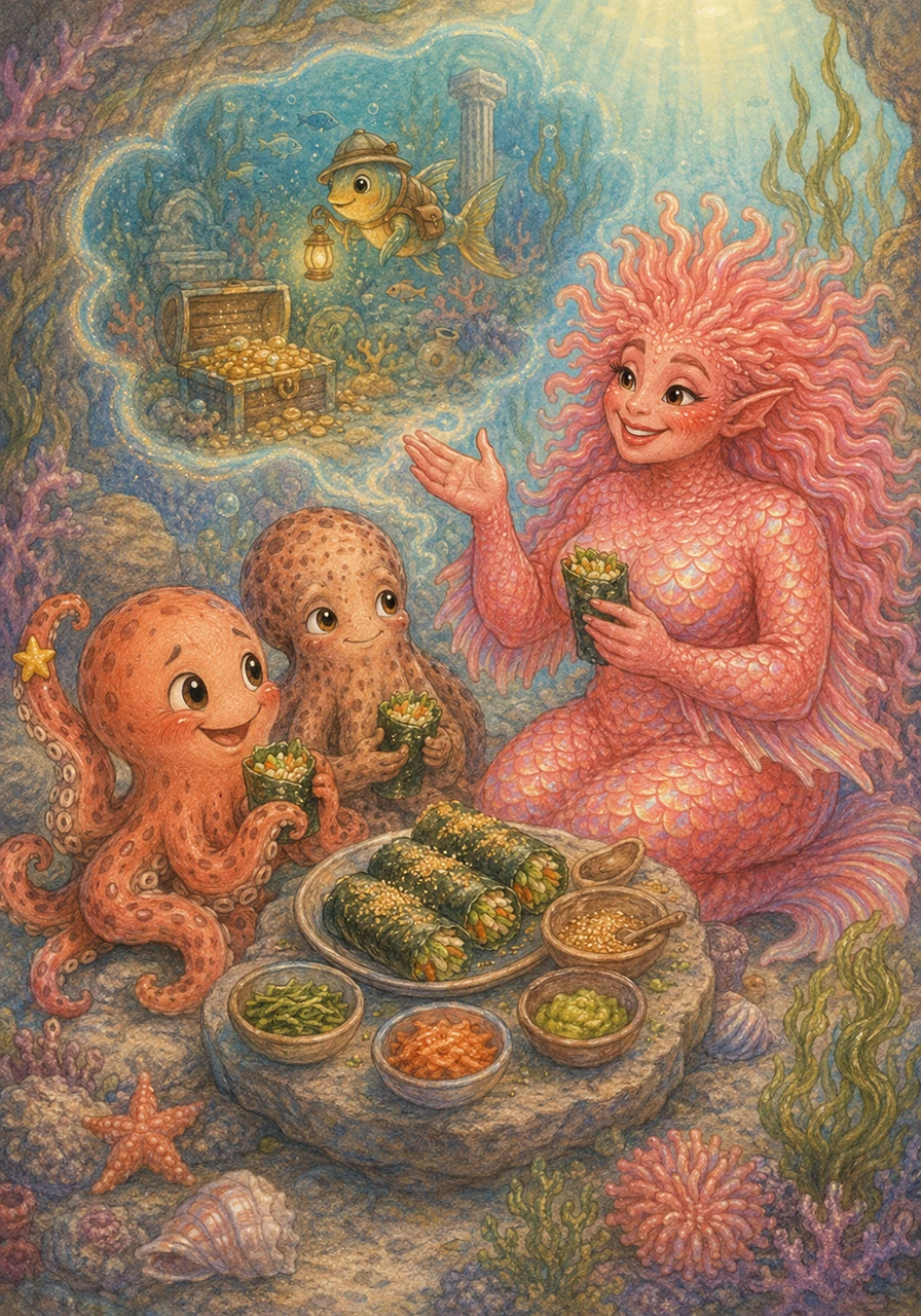 at lunchtime, Mrs. Coral showed them how to make delicious seaweed wraps with sand sprinkles. while they munched, they all sat together and heard wonderful stories about magical sunken treasures and brave explorer fish.
