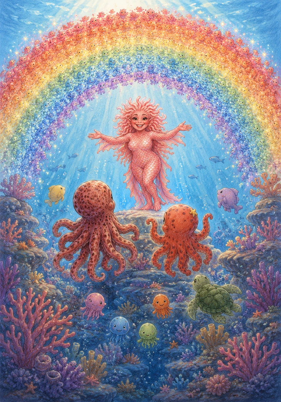 just when they were about to play a game of tag, Mrs. Coral gathered everyone and said, ‘i have something special to show you all!’ they all swam together to the very top of the coral wall, where a magnificent, sparkling rainbow arch was formed by tiny, colorful creatures.