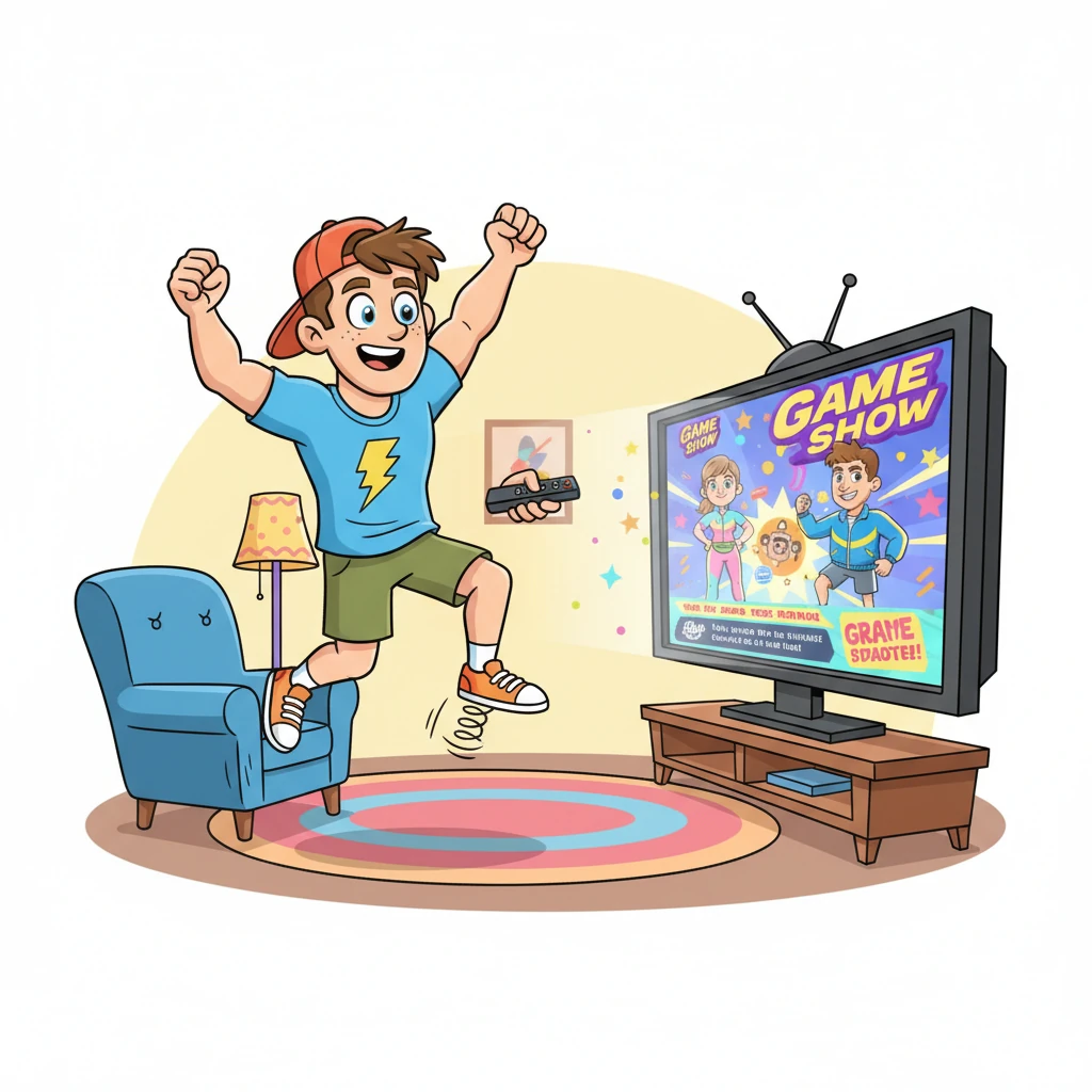 Max Agile, a young man with a spring in his step, was flipping through channels when a dazzling advertisement caught his eye. It was for 'The Grand Transformation Game Show,' promising adventure, glory, and 'a whole new you!' Max, always up for a challenge, felt a thrill of excitement.