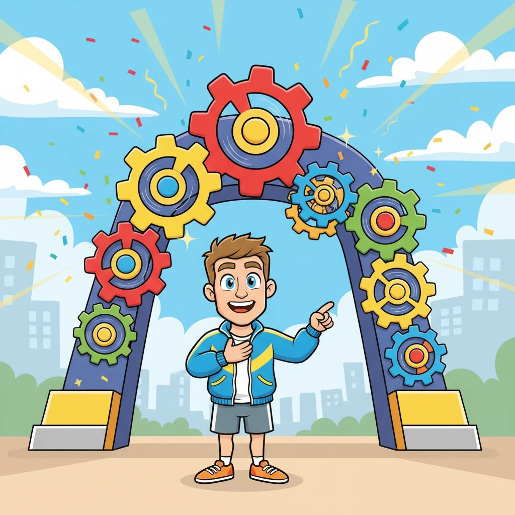 A week later, Max found himself standing before the magnificent entrance of the game show arena. Giant, colorful gears spun, and confetti gently drifted from the sky, hinting at the fantastical world within. The air buzzed with an electrifying energy, making Max's heart thump with anticipation.