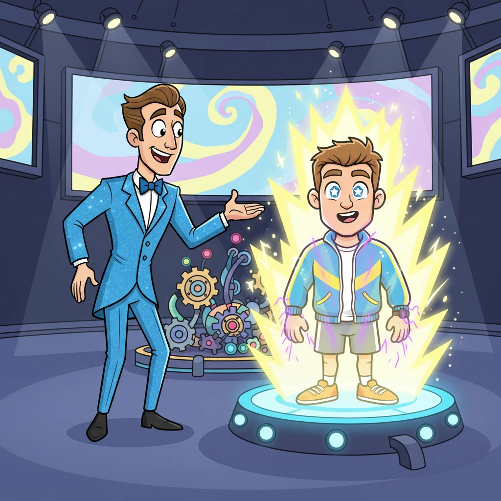 Inside, the host, a flamboyant character with a sparkling suit, introduced the first challenge: 'The Whimsical Wobble Warp!' Max stepped onto a glowing platform, a curious contraption humming around him. A flash of light enveloped him, and he felt a strange, delightful tingle from his toes to his nose.