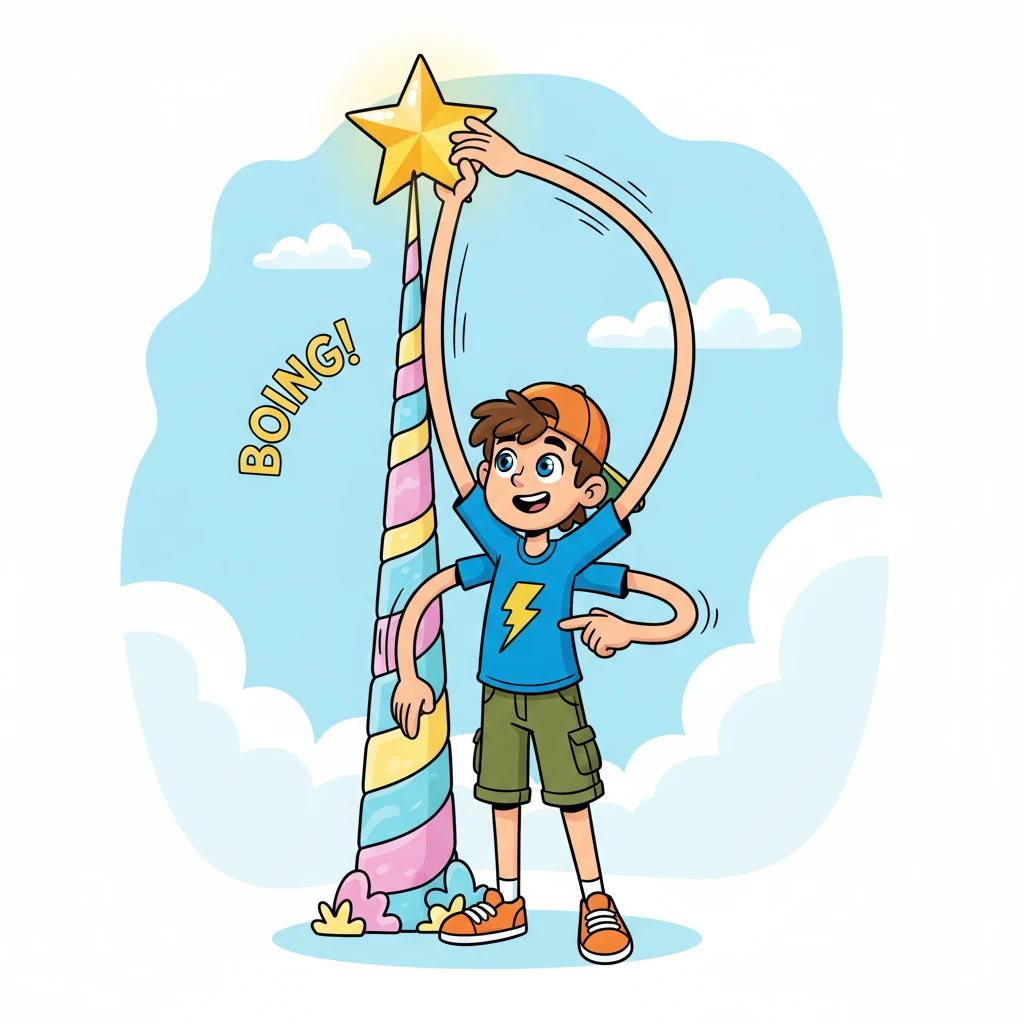 Next, 'The Stretchy Spire Scramble' required him to reach a star high above. Max took a deep breath, concentrating, and to his amazement, his arms and legs began to stretch like warm taffy, reaching incredible lengths with a satisfying *boing*! He easily snagged the star, feeling wonderfully limber.