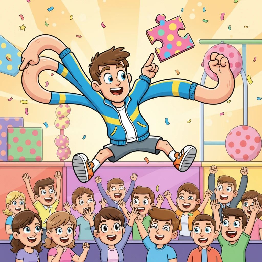 Max bounded through the rest of the challenges, his bouncy steps and stretchy reaches making him an unstoppable force. He solved puzzles by joyfully identifying polka-dotted clues, his enthusiasm infectious. The audience cheered, captivated by his unique, transformed abilities.