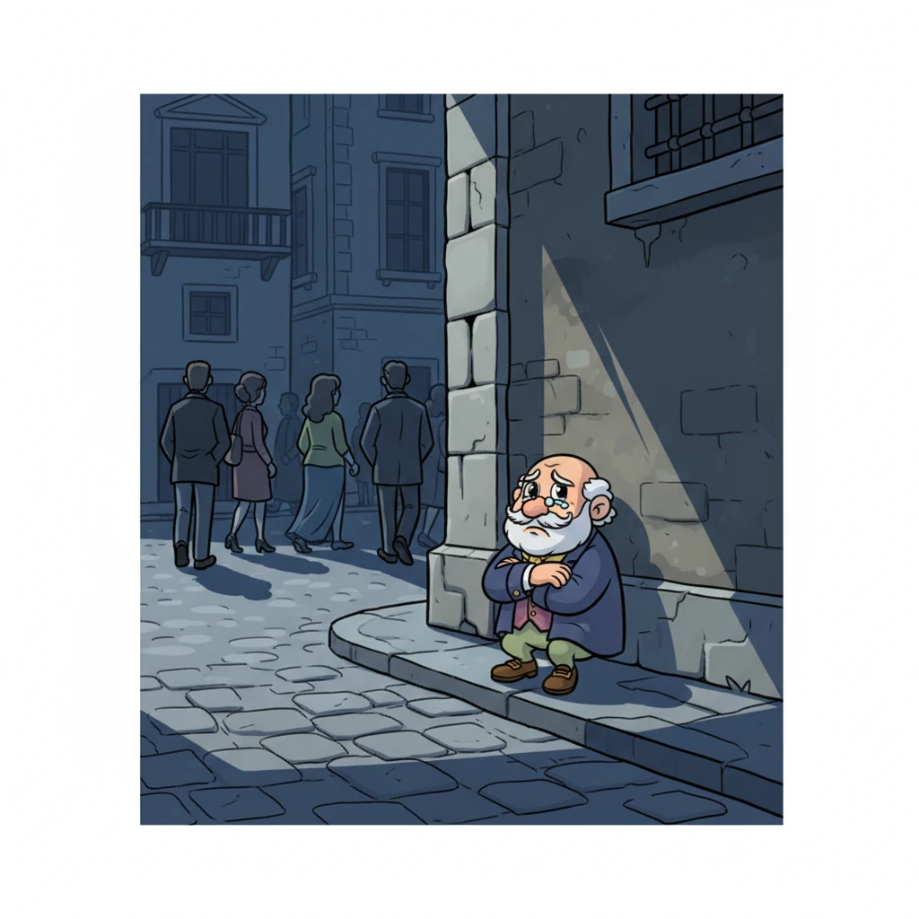 Noong isang araw, bumalik siya mula sa Espanya, kung saan walang sinumang pumansin sa kanya dahil sa kakulangan niya sa pinag-aralan. Nagtago siya sa isang sulok, pakiramdam ay maliit at hindi mahalaga. Ang kanyang malaking ngiti ay nawala, napalitan ng pagkadismaya.