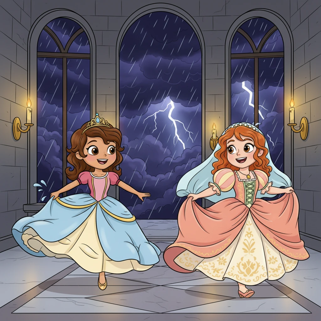 Once upon a time, in a grand Italian castle, lived two princesses, Sofia and Bianca. They were not just sisters, but the very best of friends, always giggling and playing together. One night, a fierce storm raged, shaking their castle and turning the sky dark and loud. By morning, the sisters found themselves far apart, separated by the wind's wild magic.