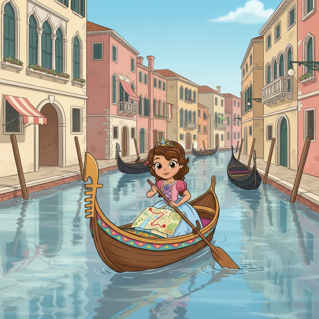 With a brave breath, Sofia stepped into a small, brightly painted wooden boat. The gentle current of the Venice canals pulled her forward as she carefully followed the glowing red line on her map. Each paddle stroke filled her with new courage, propelling her closer to her sister.