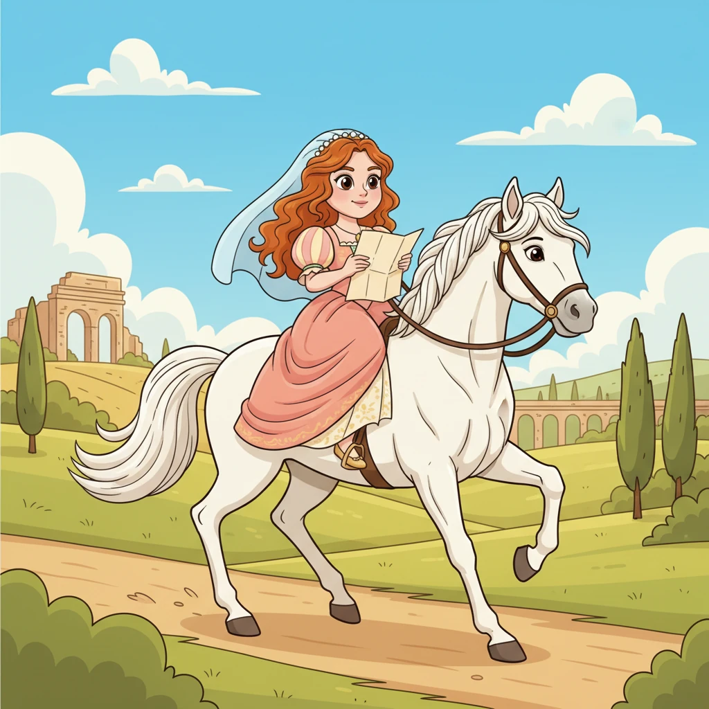Bianca, equally determined, mounted a beautiful, gentle white horse. The horse's mane and tail flowed like silk as they set off from the Roman countryside. Bianca held her map close to her heart, a silent promise echoing in her mind: "I will not give up until I find Sofia."