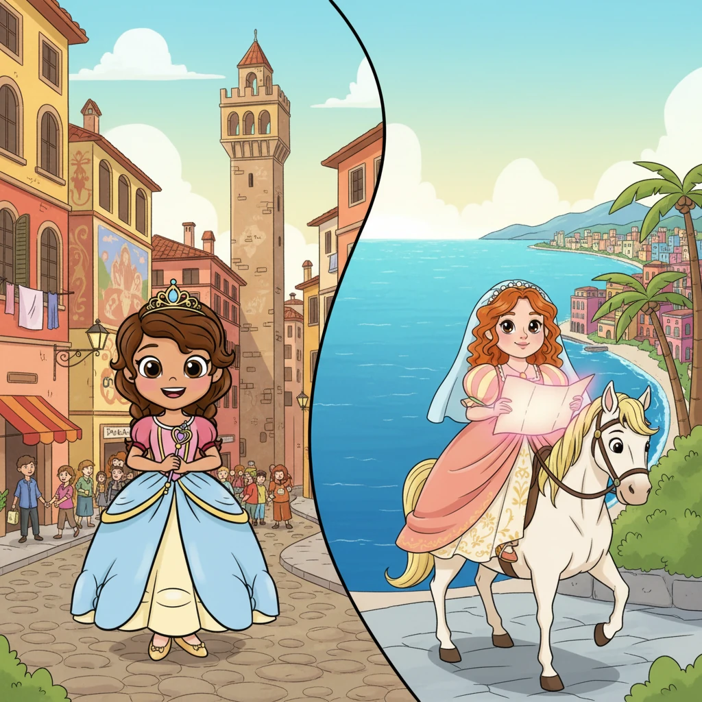 Sofia's journey took her through the charming, artistic city of Florence, where she saw tall, colorful towers and felt the warmth of bustling streets. Far away, Bianca passed by the vibrant, blue sea near Naples, feeling the salty air. As she rode, the red line on Bianca's map began to glow softly, a magical beacon.