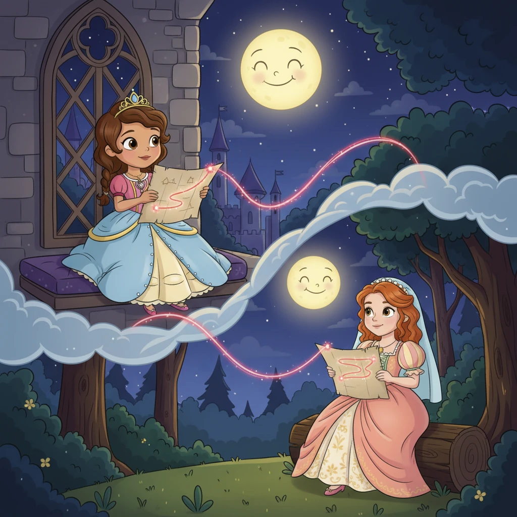 Every night, no matter how far apart they were, both sisters looked up at the same bright, friendly moon. They would trace the glowing red line on their maps with their fingers, imagining the path their sister was taking. It felt like an invisible, magical string, connecting their hearts across the distance.