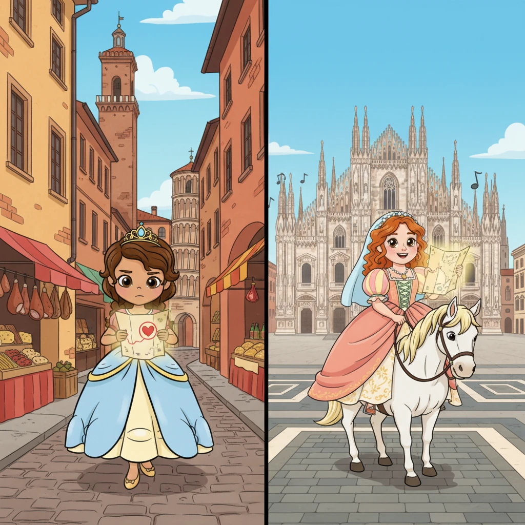 Sofia, though feeling weary, pushed onward through the ancient, flavorful city of Bologna. The tiny heart at the end of her map seemed to pulse, closer than ever before. Meanwhile, Bianca rode through the grand city of Milan, church bells ringing a joyful tune in the distance, her glowing map guiding her every step.