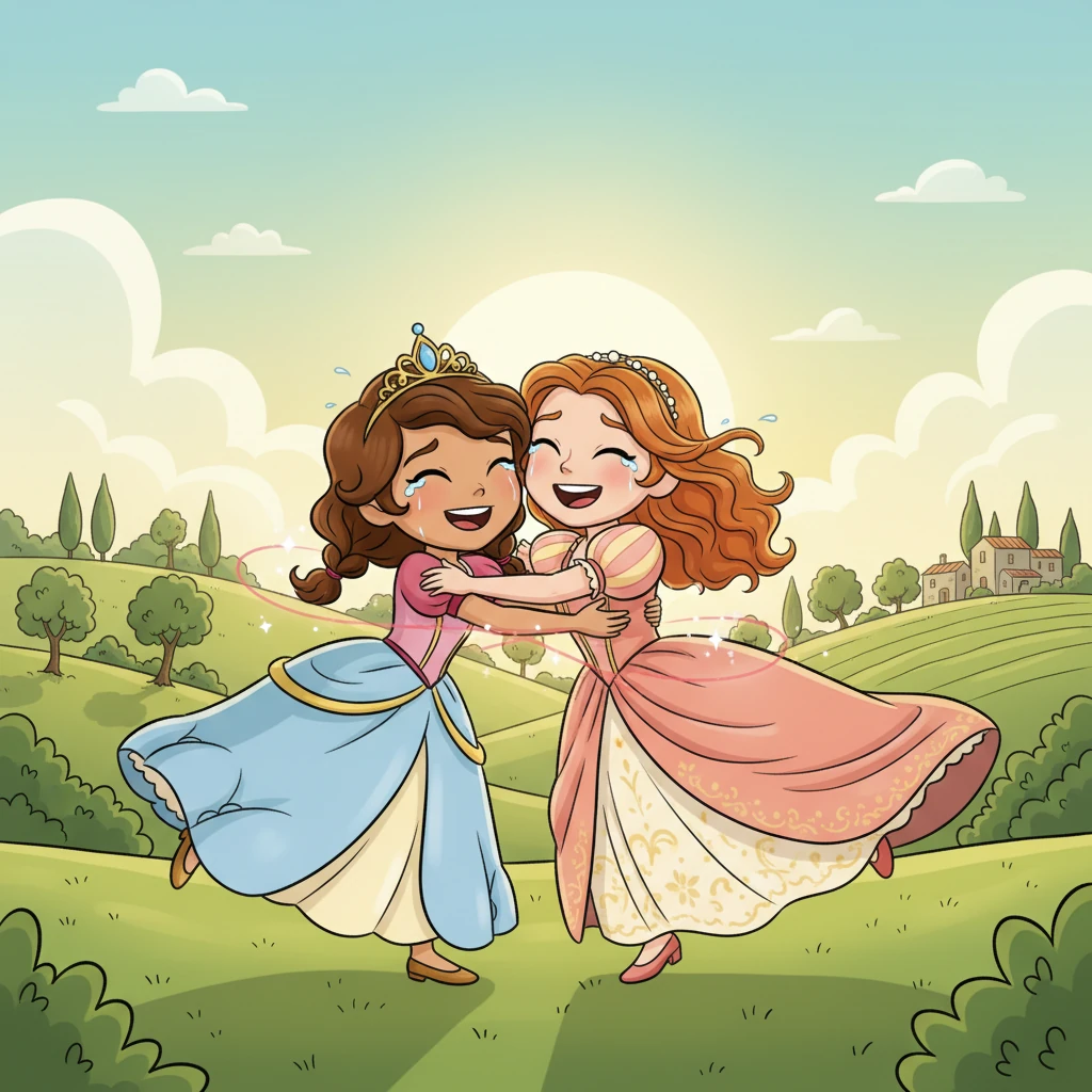 Then, one glorious, sunny morning, both sisters arrived in the beautiful, green hills of Assisi. The red lines on their maps converged perfectly in this very spot. They looked up, their hearts pounding with joy, and there, across the green grass, they saw each other! They ran, laughing and crying happy tears, embracing in the warmest hug. Their magical maps softly faded away, their wonderful adventure complete.