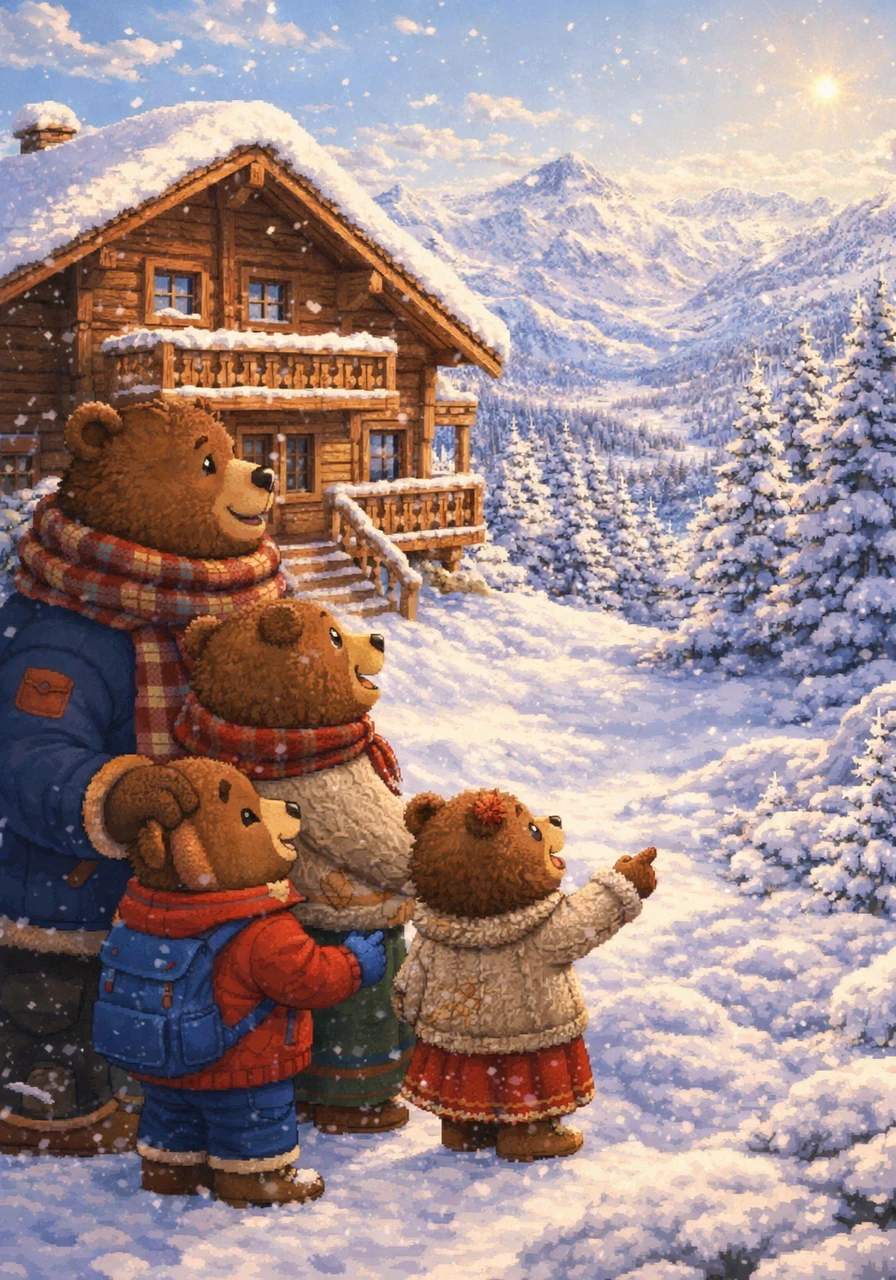 Na een lange reis komen ze aan bij een prachtige houten chalet hoog in de bergen. De bomen zijn bedekt met een dikke laag witte poedersneeuw die glinstert in de zon. De hele familie kijkt hun ogen uit naar het schitterende winterse landschap.