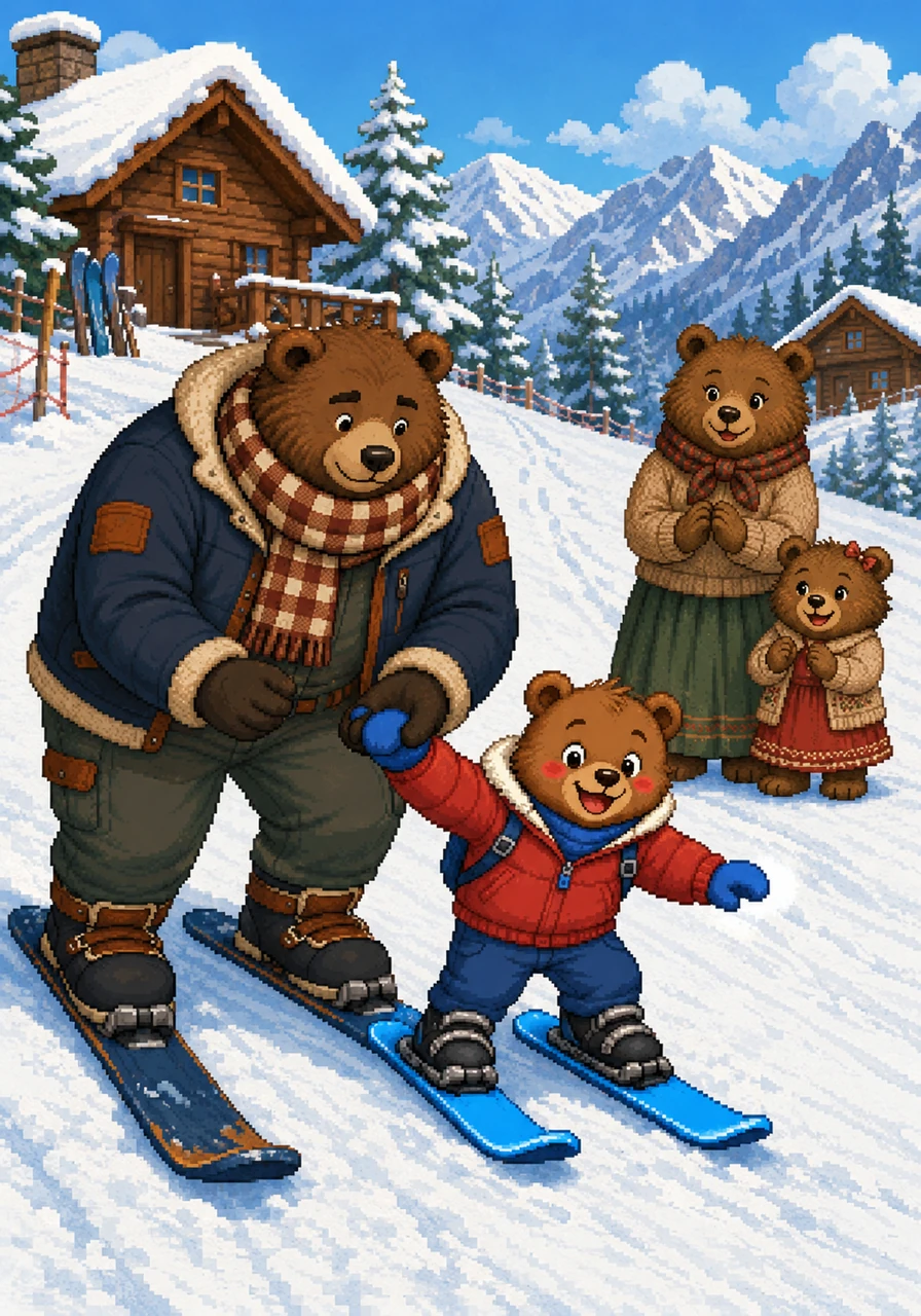 De volgende ochtend trekt Barnaby zijn glimmende blauwe ski's aan voor zijn eerste les. Het is een beetje wiebelig op de gladde sneeuw, maar Papa Beer houdt zijn poot stevig vast. Barnaby giechelt terwijl hij voorzichtig zijn eerste kleine stukje naar beneden glijdt.
