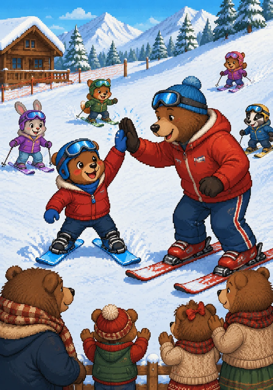 Barnaby gaat naar de skischool waar hij leert hoe hij een 'pizzapunt' moet maken met zijn ski's om te remmen. Samen met andere jonge dieren maakt hij veel plezier op de oefenhelling. De skileraar geeft hem een grote high-five omdat hij al zo goed kan sturen.
