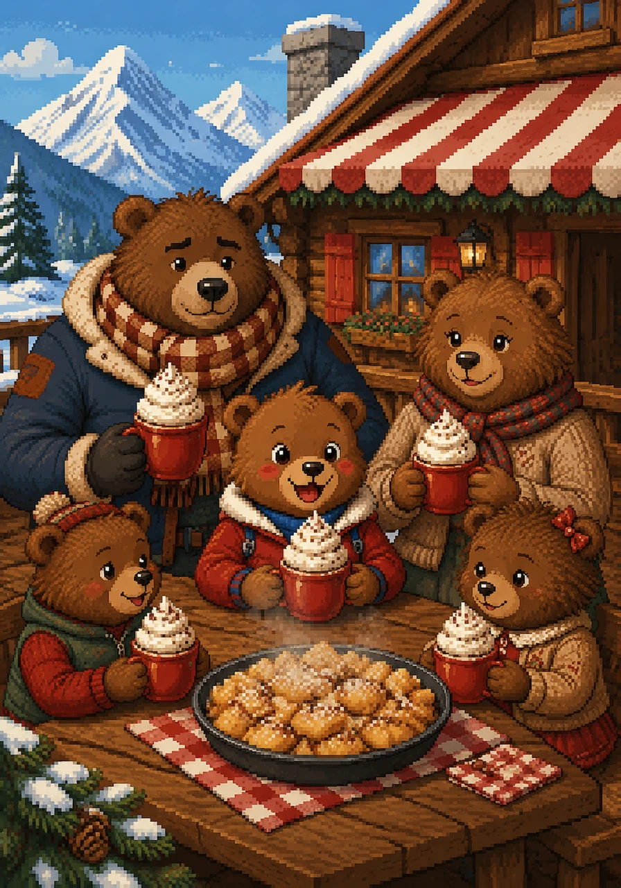 Tijd voor een welverdiende pauze bij een gezellige berghut met een rood-wit gestreept dak. De familie geniet van warme chocolademelk met een enorme berg slagroom en een bord dampende Kaiserschmarrn. Barnaby krijgt er heerlijke warme rode wangetjes van.