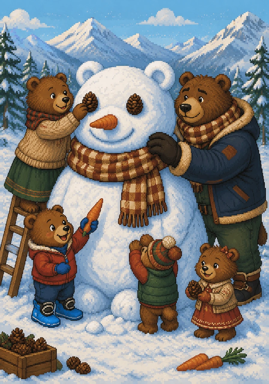 In de middag besluit de familie om samen de grootste sneeuwbeer van heel Oostenrijk te bouwen. Ze gebruiken een grote wortel voor de neus en glimmende dennenappels voor de ogen. De sneeuwbeer krijgt zelfs de oude geruite sjaal van Papa Beer om zijn nek.