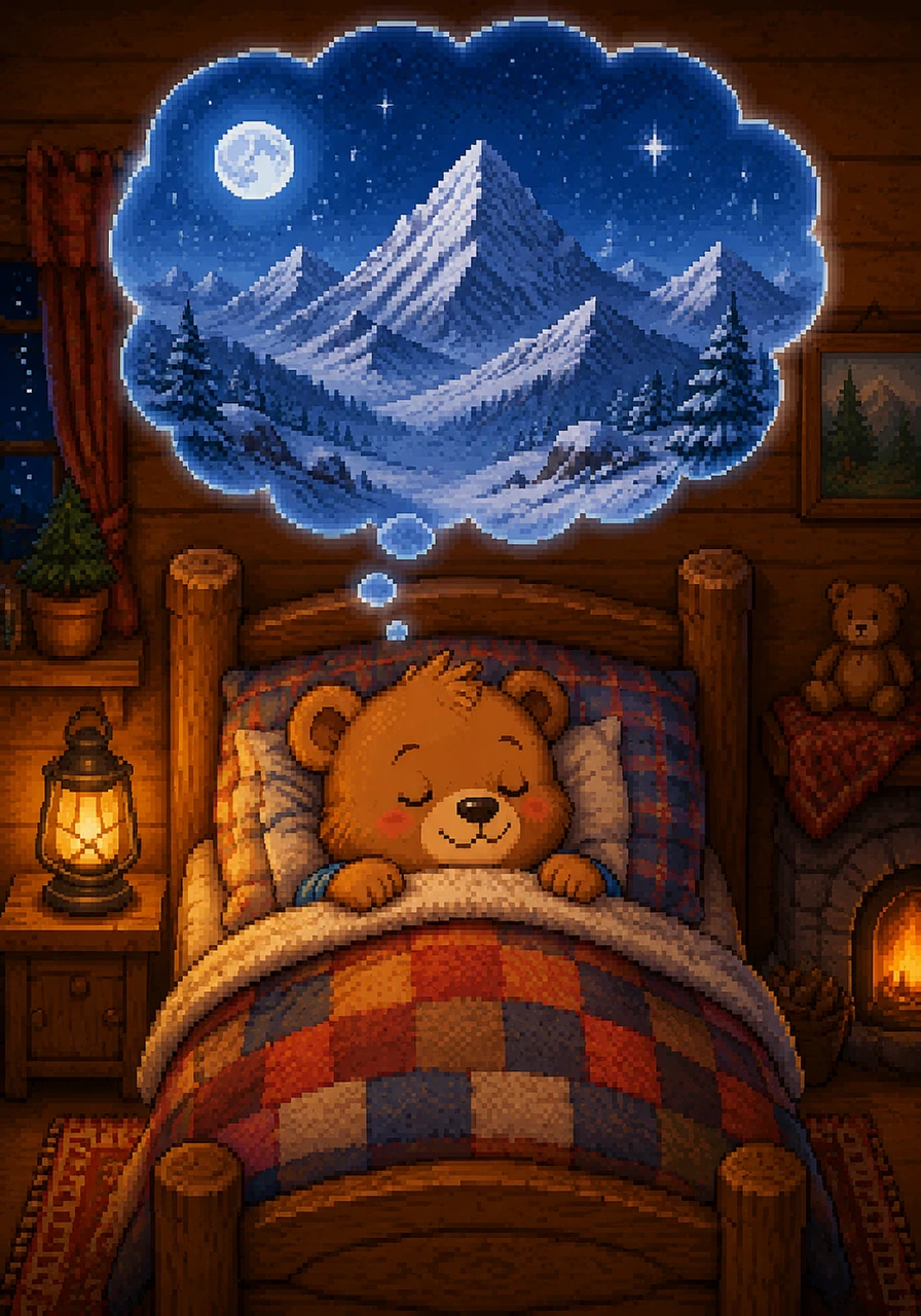Barnaby ligt nu heerlijk onder zijn warme, zachte dekens en droomt alweer van de besneeuwde bergen. Hij weet dat er morgen nog veel meer avonturen op hem wachten in de witte pracht. Welterusten, kleine beer, en droom zacht van je eigen winterwonderland.