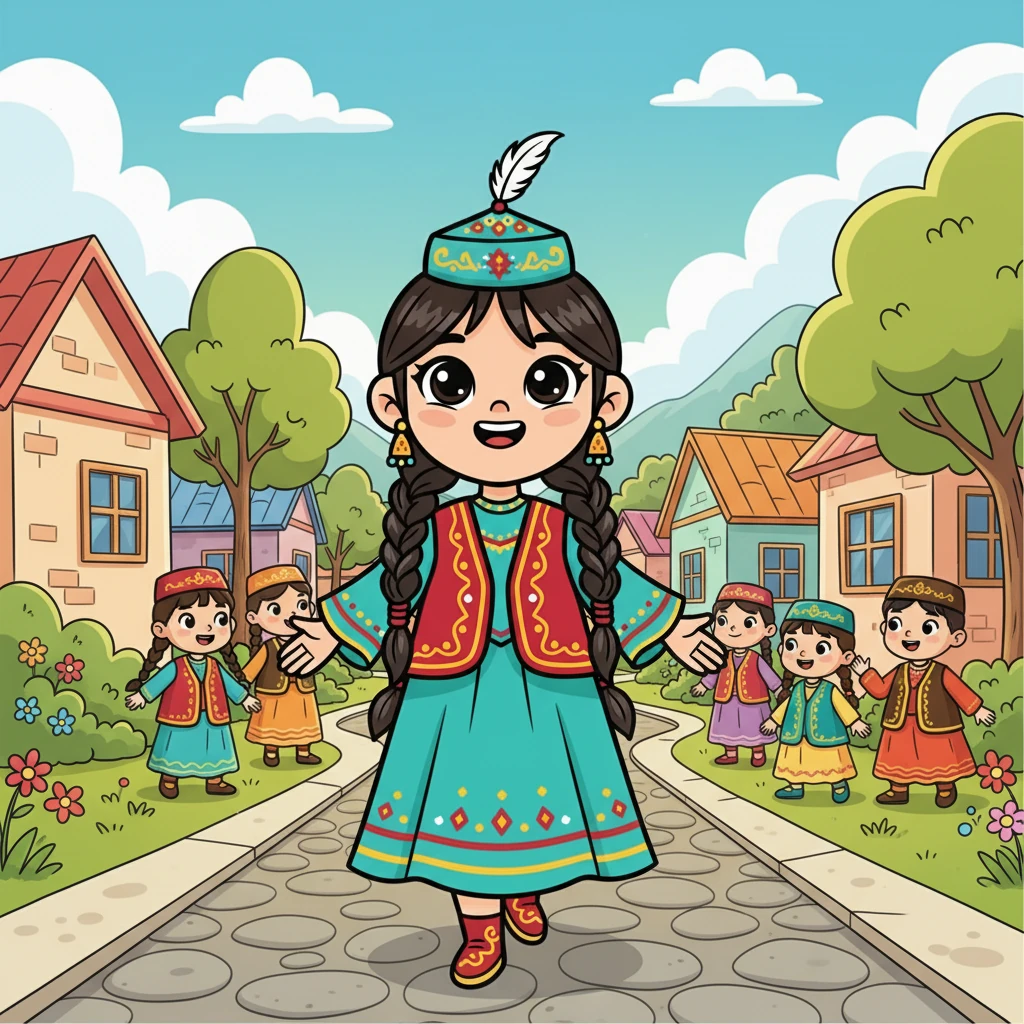 Күн шуағына шомылған ауылда Ұлжан атты сүйкімді қыз ұлттық киімін киіп жүрді. Оның шашы өріліп, көзінде күлкі ойнап тұрды. Ұлжан жаңа достар іздеп, көшеге шықты.