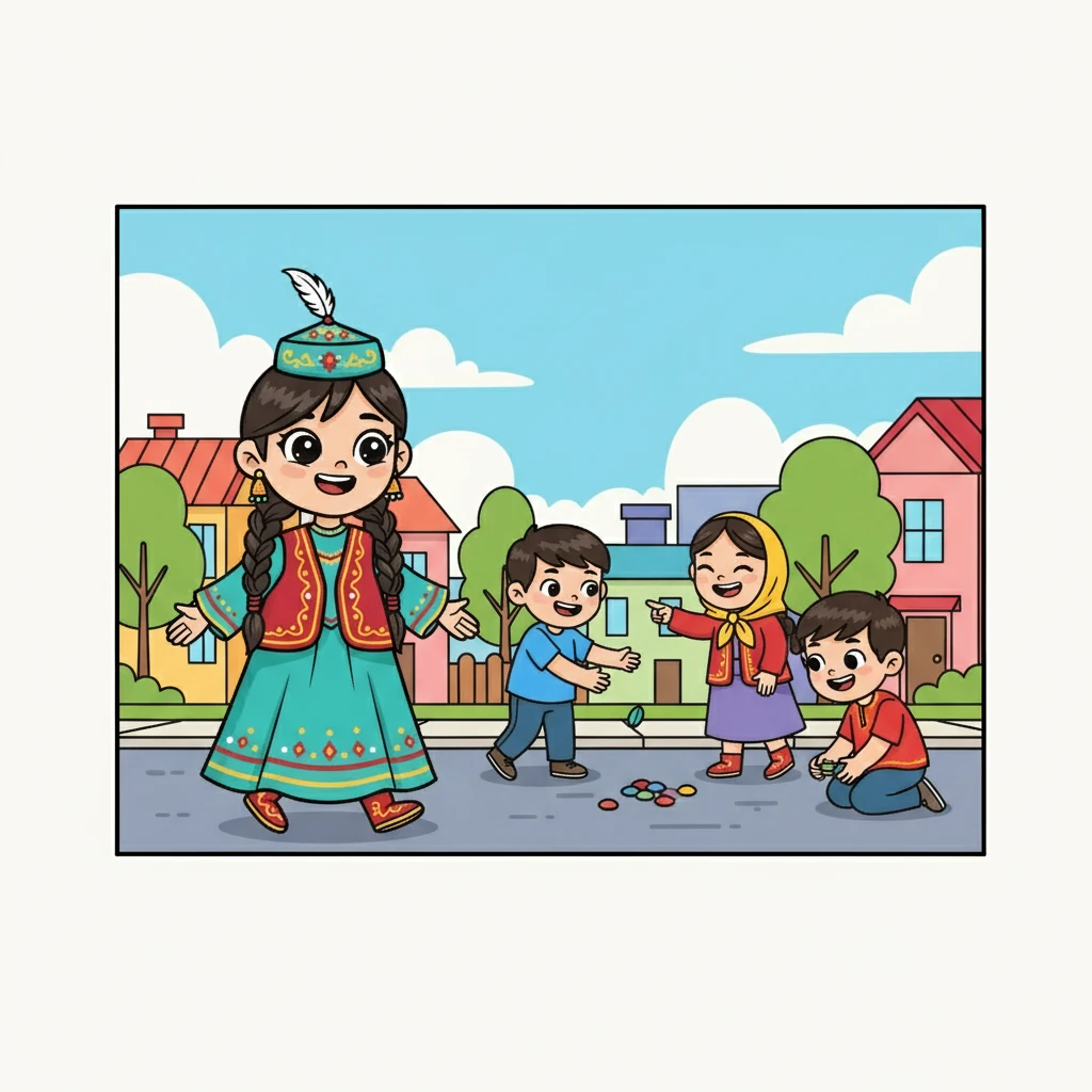 Көшеде жүрген Ұлжан бір топ балаларды көрді. Олар асық ойнап, күліп жүрді. Ұлжан оларға жақындап, жылы жымиып сәлем берді.